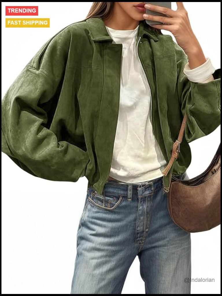 Faux Suede Bomber Jacket Oversized Cropped Zip Up Casual Outerwear